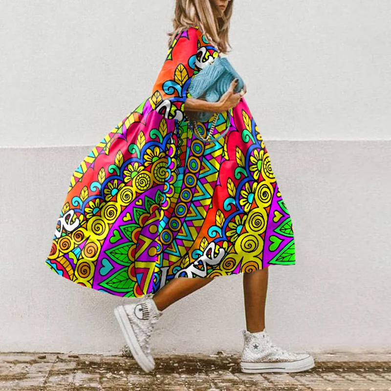 Hippie-Print Loose Midi Dress