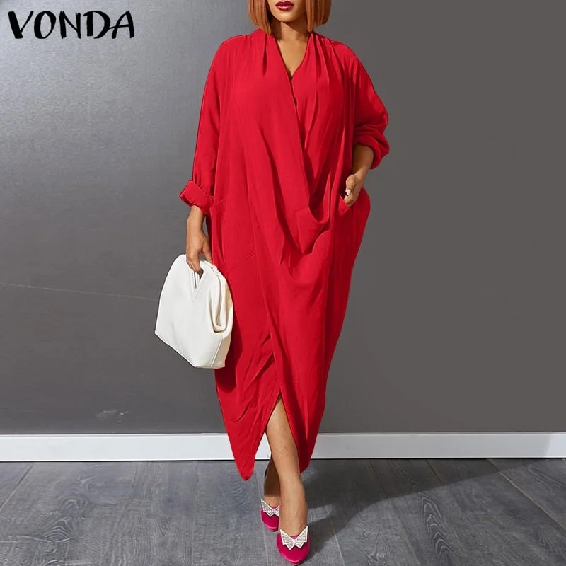VONDA Women Long Sleeve V Neck Split Hem Dress Summer Spring Casual Pleated Long Maxi Dresses Femme Party Vestidos With Pockets