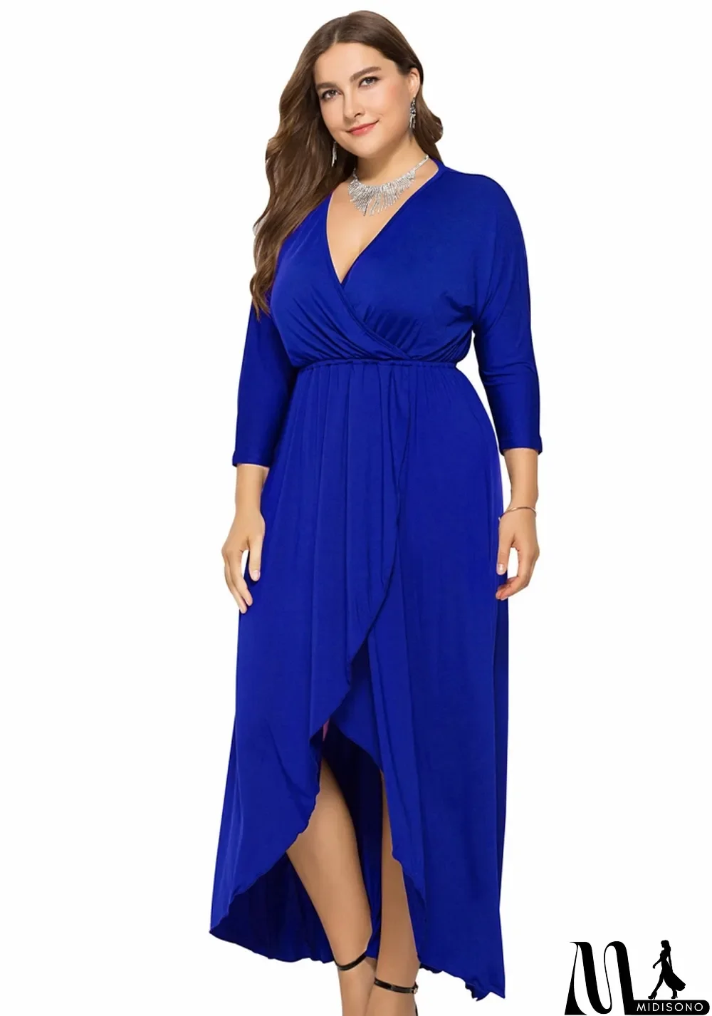 MidiSono - Spring Plus Size Blue Wrap V-neck Batwing Long Sleeve Irregular Casual Dress