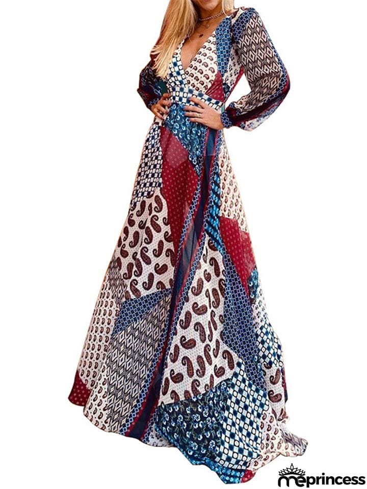 Bohemian Style V Neck Long Sleeve Opening Back Fitted Waist Flare Maxi Dress