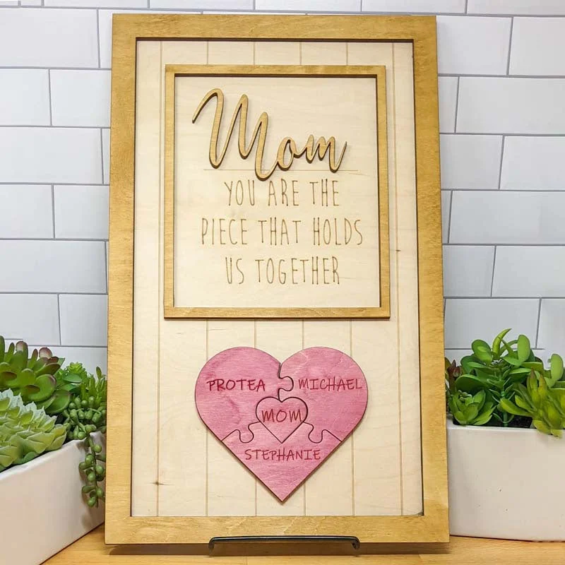 Personalized Rectangle Wooden Puzzle Frame with Bottom Heart Gift for Mom