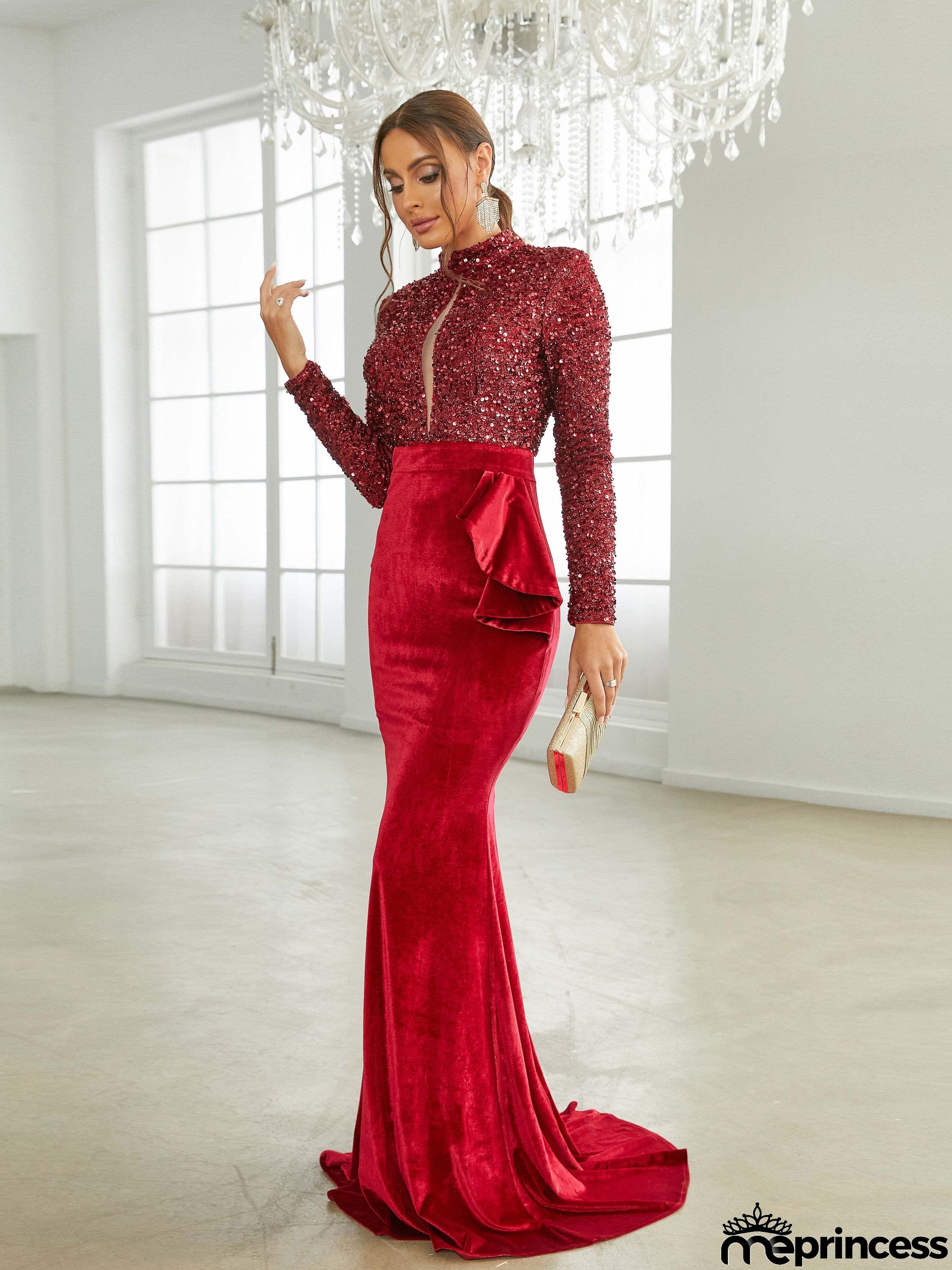 Stand Collar Velvet Panel Burgundy Formal Dress XJ2532