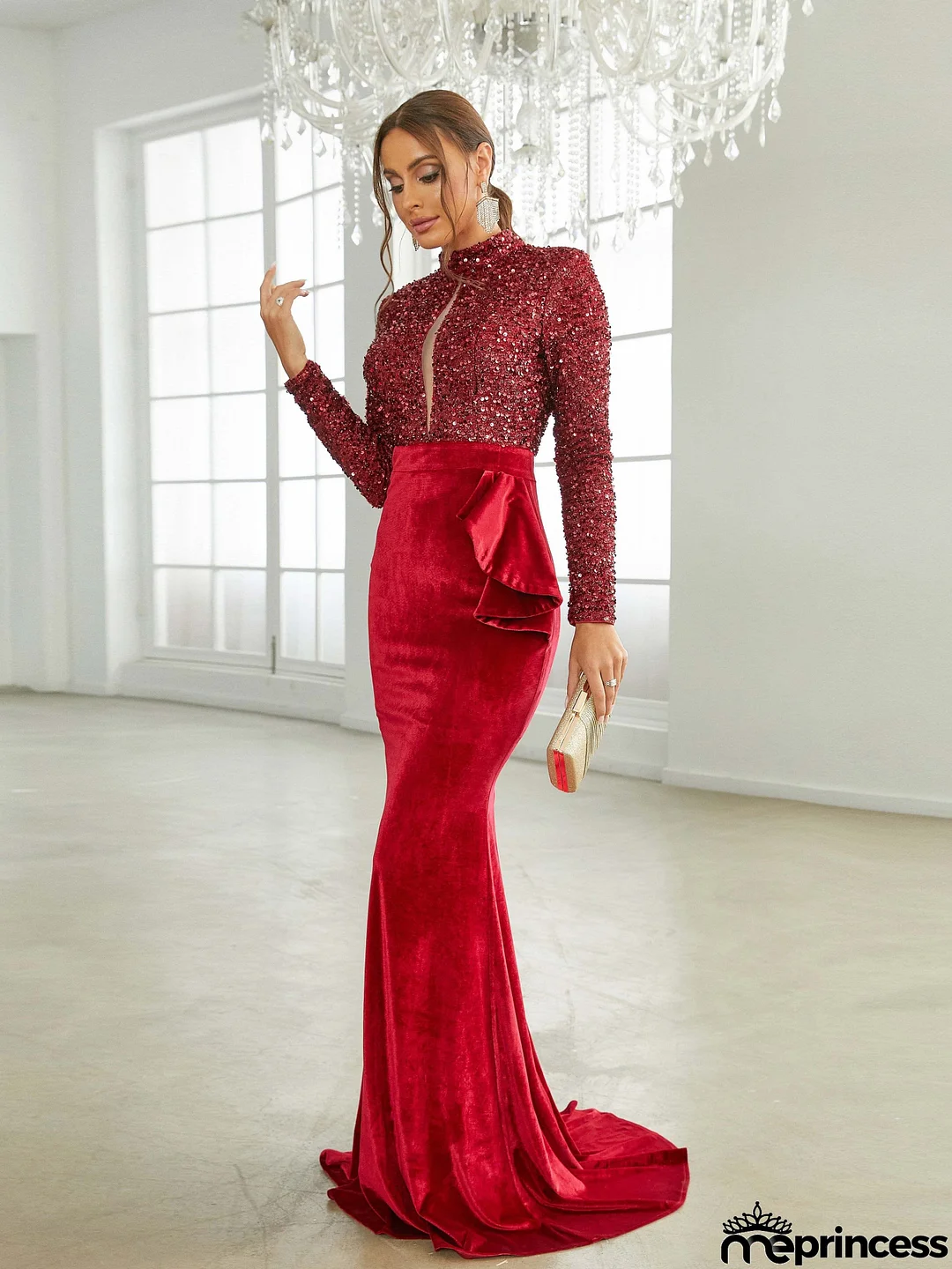 Stand Collar Velvet Panel Burgundy Formal Dress XJ2532