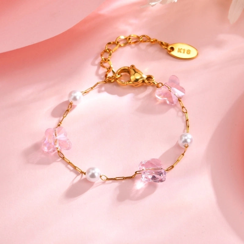 Stainless Steel Plated 18K Gold Chain Pink Butterfly Love Imitation Pearl Children’s Bracelet