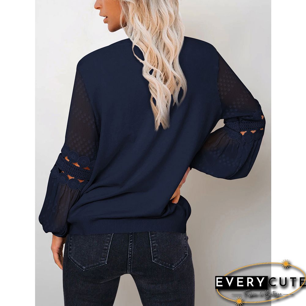 Navy Blue Splicing Hollow-out Lantern Sleeve Tops