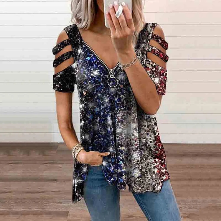 VChics American Flag Print Off Shoulder Short Sleeve T-Shirt