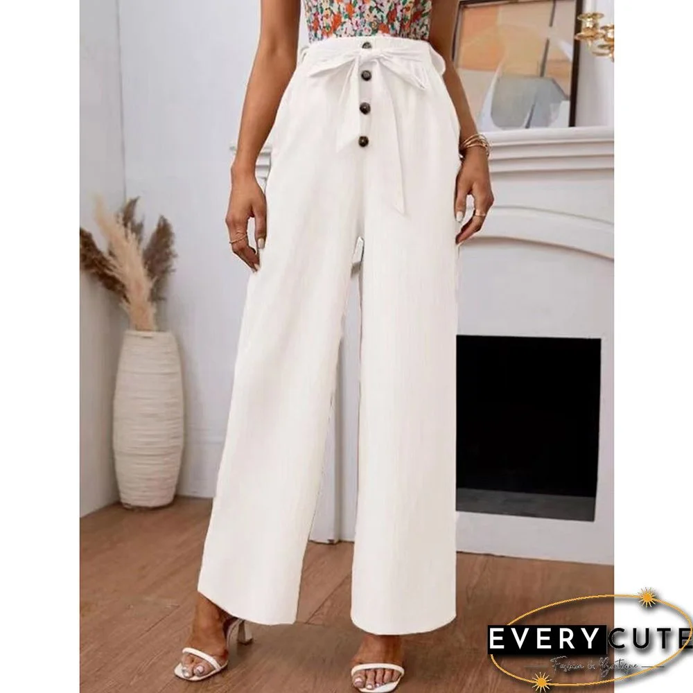 White Elastic Tie Waist Wide Leg Pants