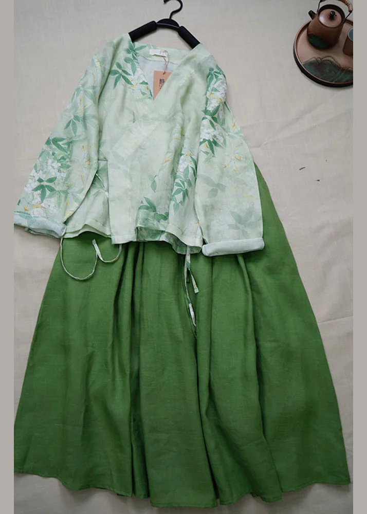 Vintage Green V Neck Print Lace Up Linen Two Pieces Set Summer