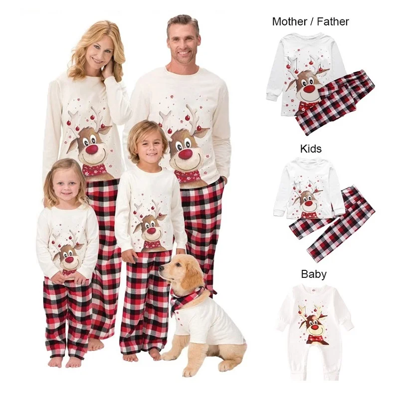 2022 Christmas Family Matching Cartoon Moose Pajamas Top + Pants + Baby Jumpsuit