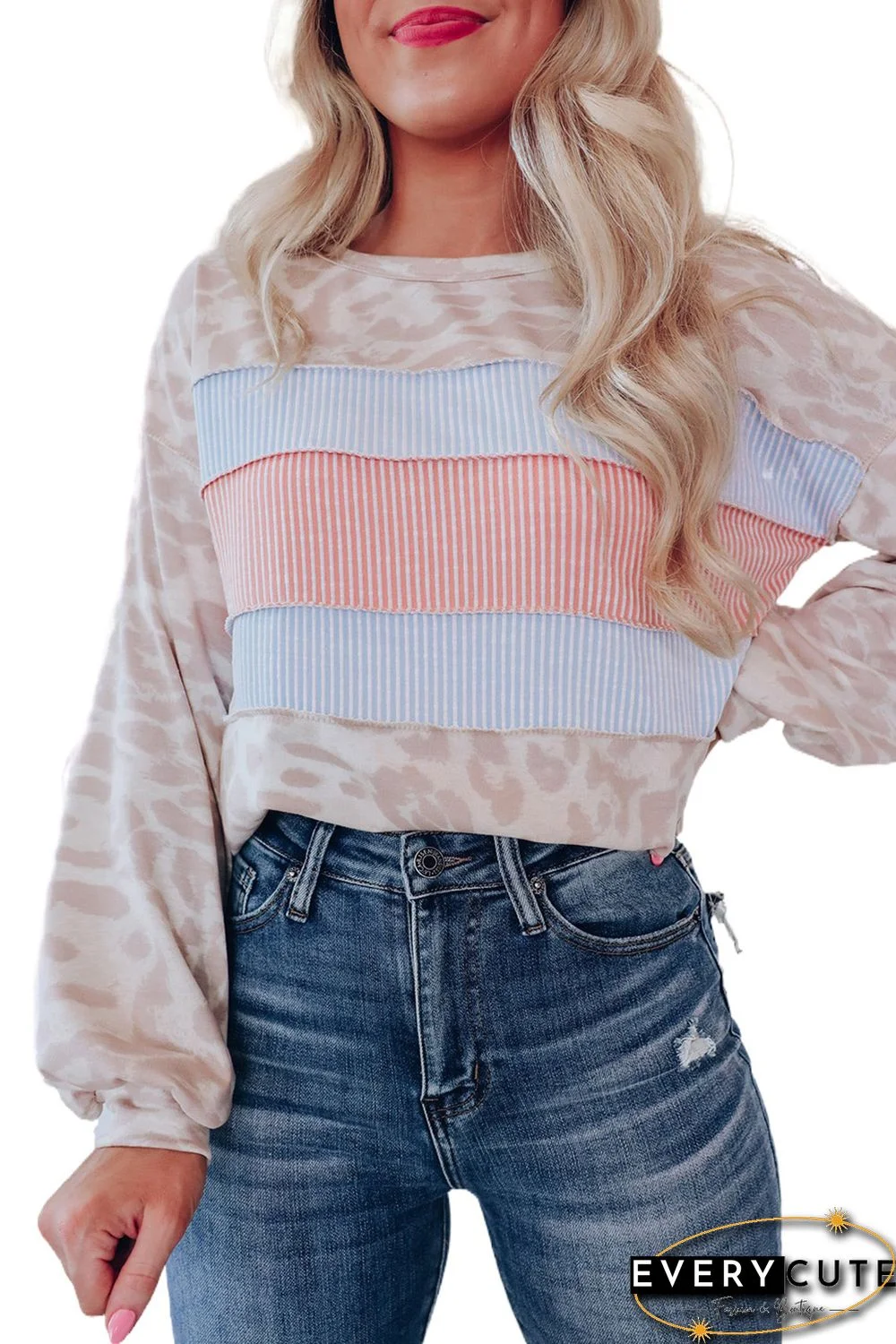 Leopard Animal Print Contrast Stripes Patchwork Puff Sleeve Knit Top