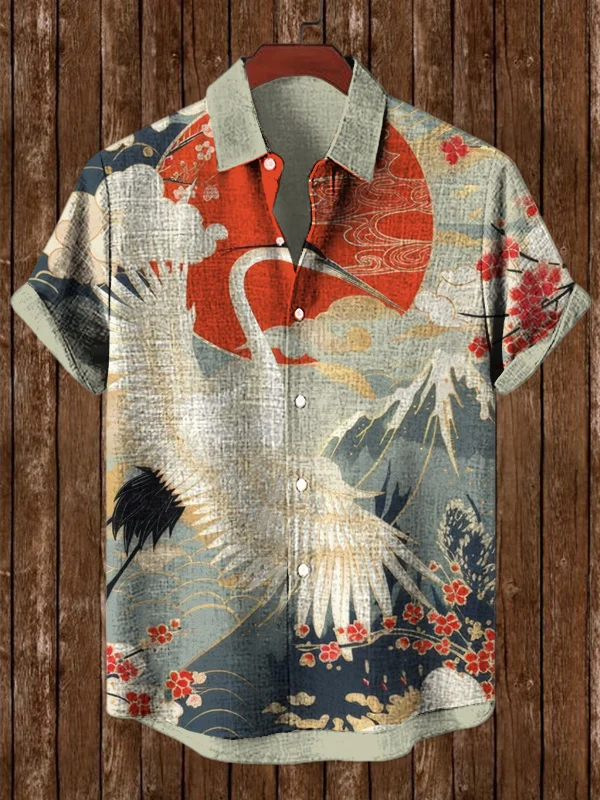 Men's Japanese Art Landscape Crane Print Short Sleeve Shirt