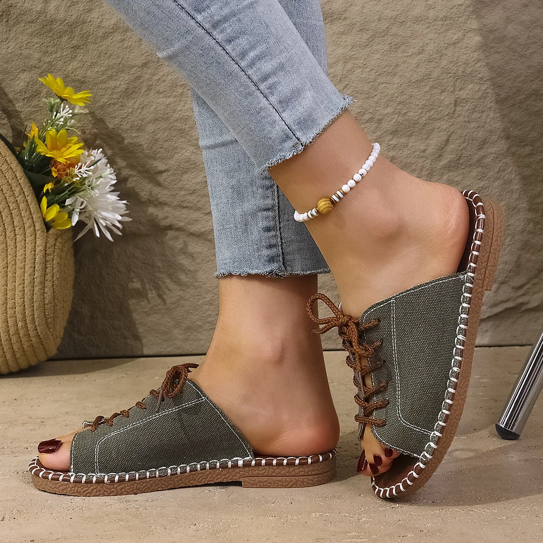 Breakj Breakj 2025 Summer Canvas Korean Version Of Women's Cool Drag Flat And Large Sandals Denim Shoes