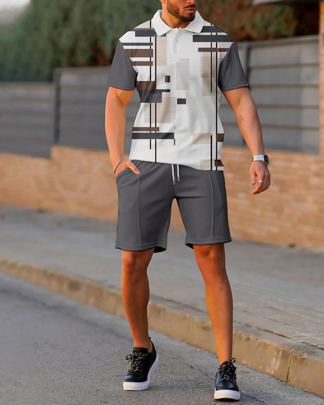 Suitmens Men's Gray Printed Summer POLO Suit