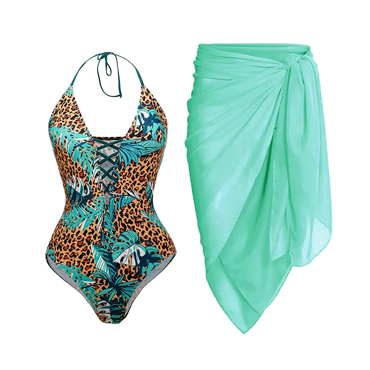 Flaxmaker Sexy Leaf Leopard Cross Straps One Piece Swimsuit and Sarong
