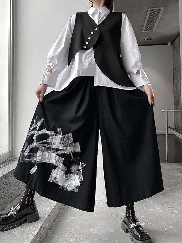 Original Lapel Lace-Up Hollow Sleeve Shirt+Black Vest+Wide Leg Pants Culotte Three Pieces Set