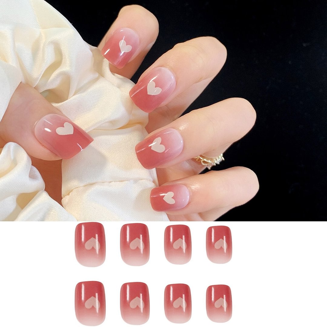24pcs Heart Fake Nails Wearable Detachable False Nails Rhinestone Imitation Pearl Fake Nails Full Cover Artificial Nail Tips
