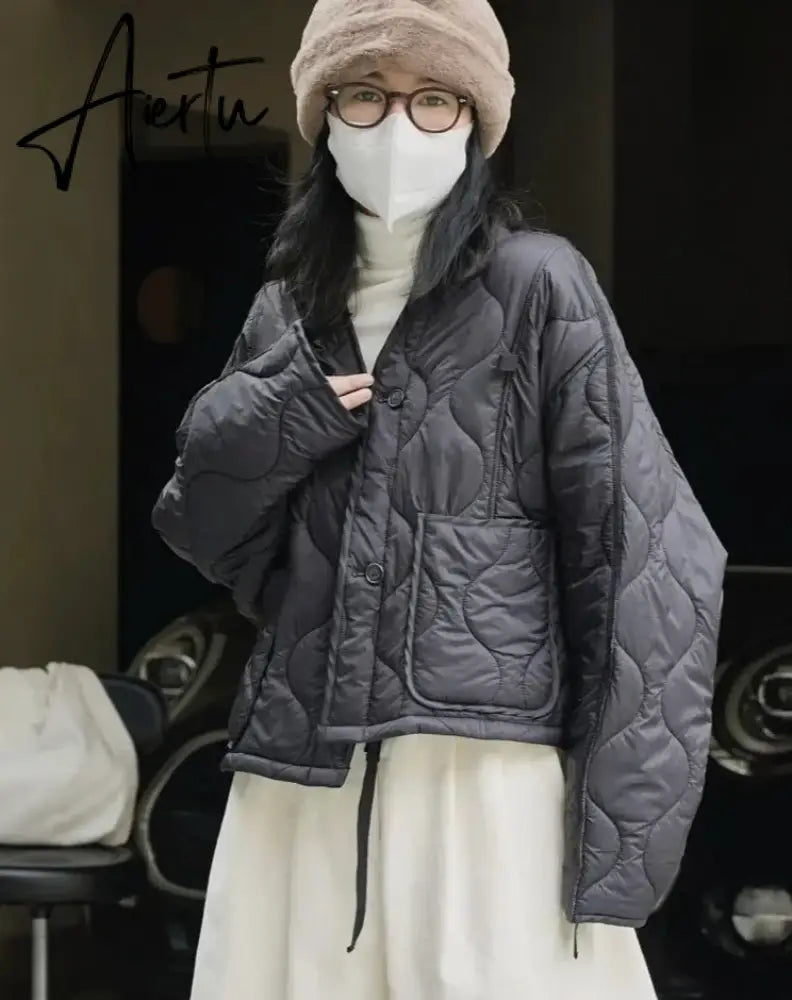 Winter Color Contrast Cotton Padded Jacket Women Loose Light Casual Warm Parkas Female Sense Design Black/Green Aiertu