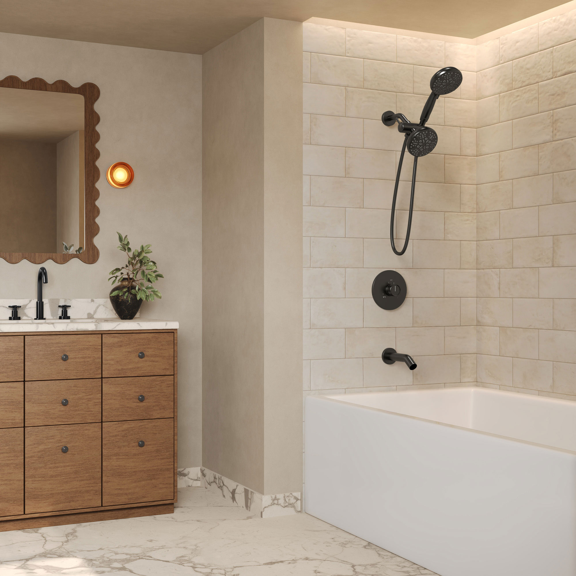 5-Spray Wall-Mount Shower Head and Handheld Shower with Tub Spout Shower Faucet Set in Matte Black (Valve Included)