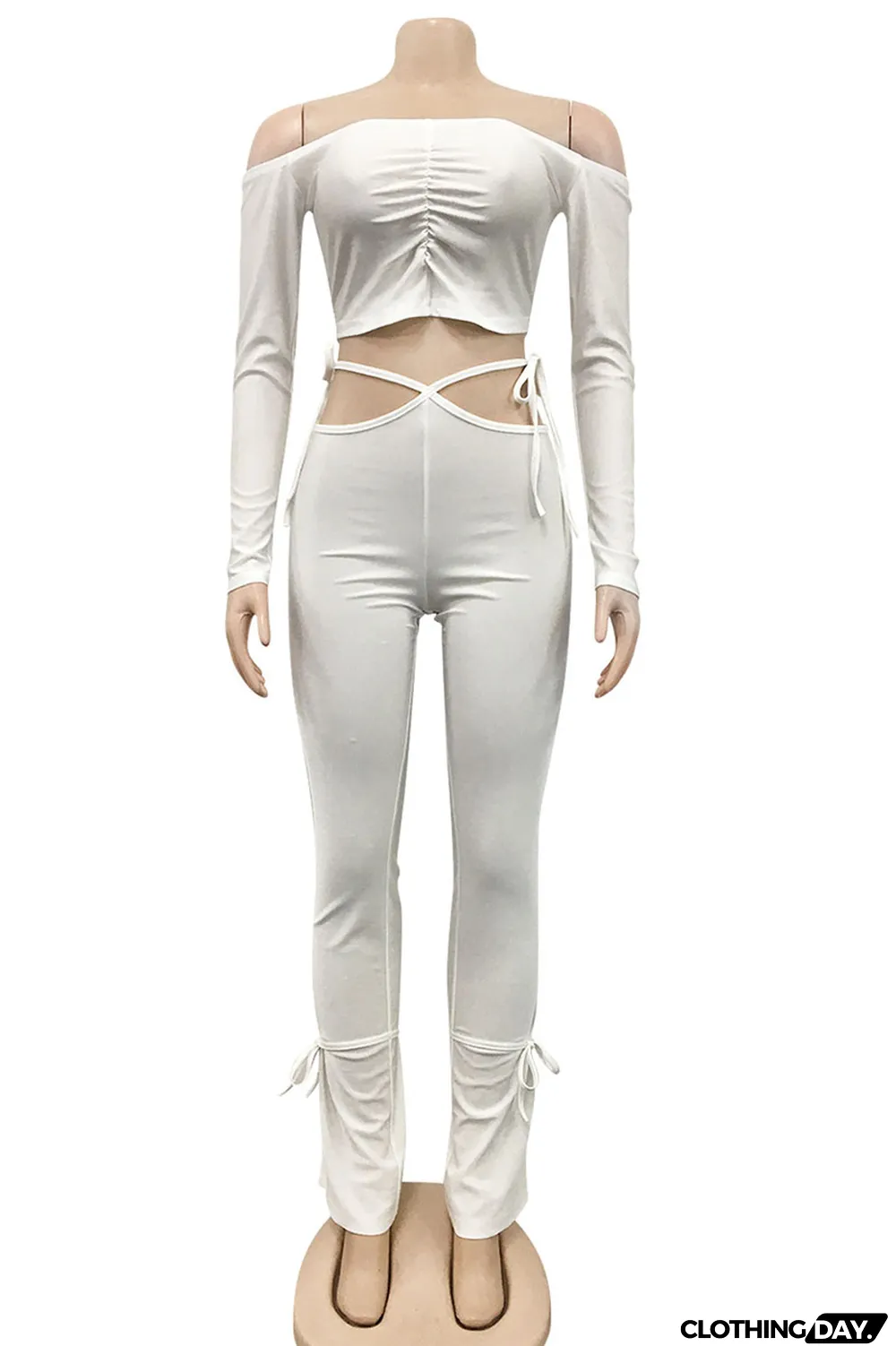 White Sexy Solid Bandage Split Joint Fold Bateau Neck Long Sleeve Two Pieces