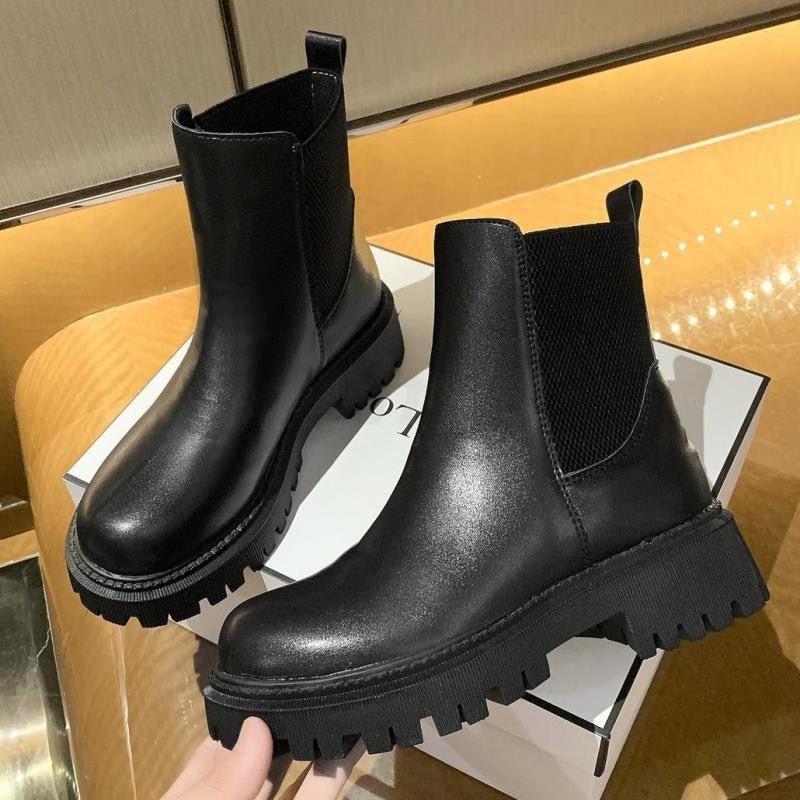 2020 women Leather Autumn Boots For Women Platform Chelsea Boot Spring Cowhide Booties Fashion Female Thick Bottom Black Bootie
