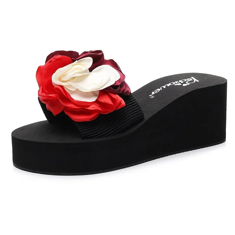New Women Slippers Summer Platform Wedges Mid Heels Flowers Indoor Tie Peep Toe Fashion Slides Beach Outdoor Ladies Shoes hy459