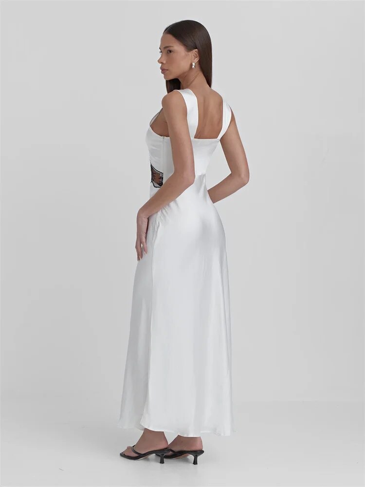 Ootddress Lace Backless Hollow Out Maxi Dress For Women Patchwork Printed Fashion High Waist Elegant Party Dress Female Long Dress
