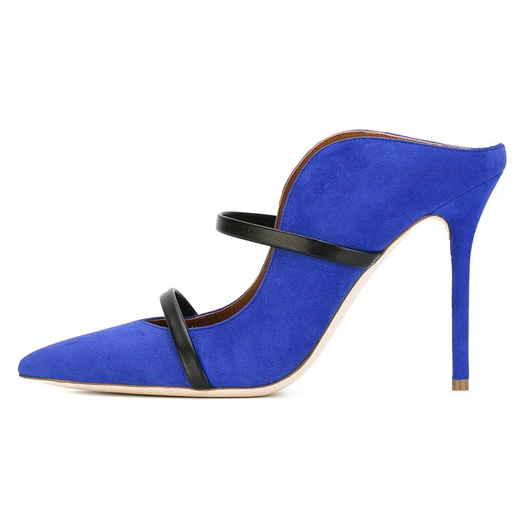 Royal Blue Suede Stiletto Mules with Gold Straps Vdcoo