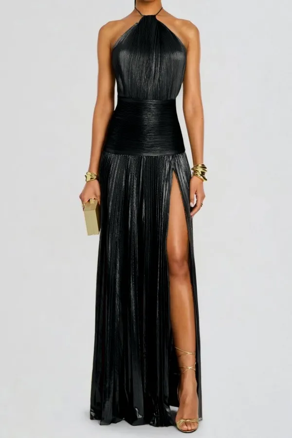 Lussooy Charming Halter Green Backless Sleeveless Split Prom Dress with Pleated 