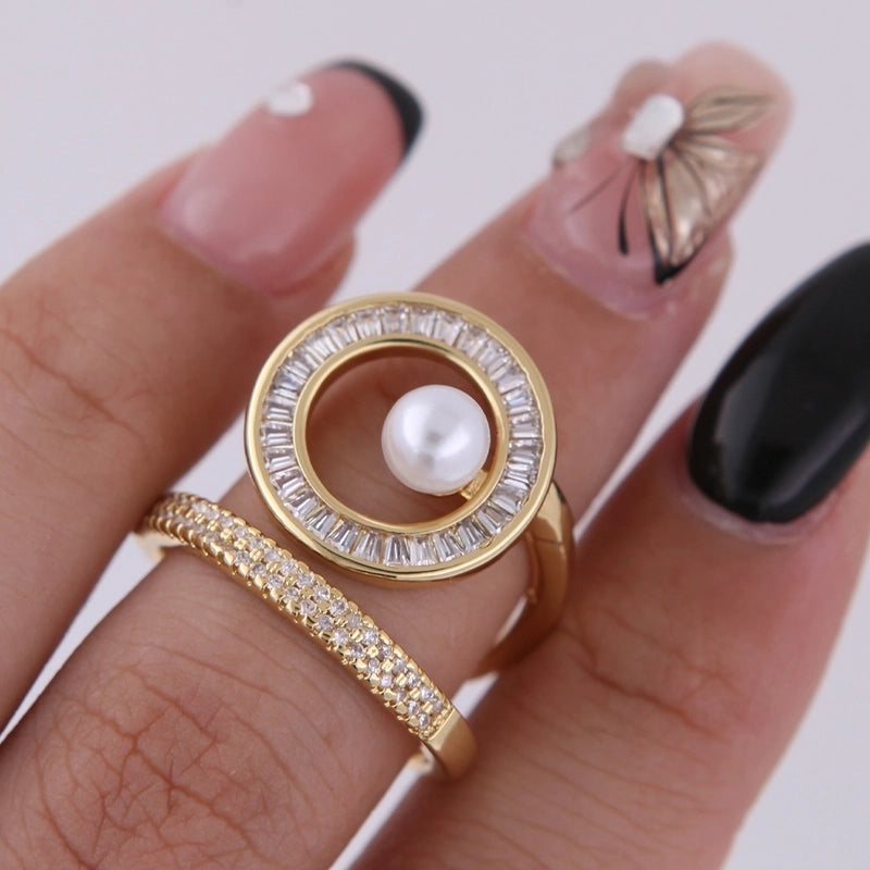 Copper 18K Gold Plated Inlay Round Artificial Pearls Pearl Zircon Open Rings