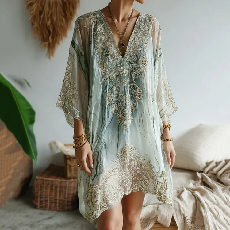 Vintage Marble Texture Collection Retro Bohemia Women Style Gradient Gilded Pattern Linen Dress