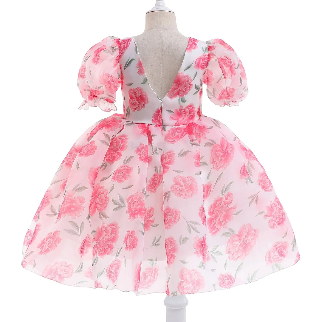 Little Girls Puff Sleeves V-Back Princess Dresses For Evening Party Kids Birthday Rose Floral Print Formal Tulle Tutu Vestidos