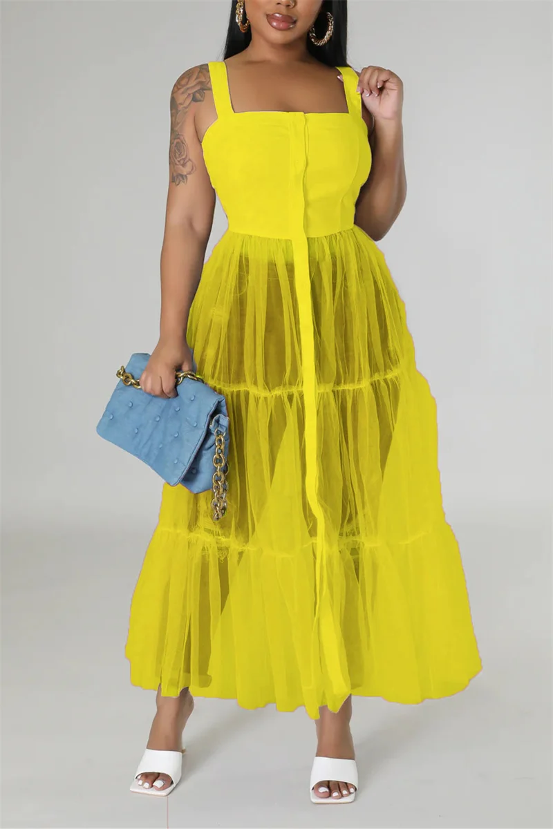 Yellow Casual Simplicity Solid Patchwork Fold Mesh Spaghetti Strap High Waist Tops