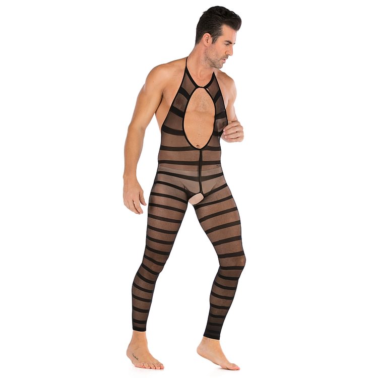 Men's Striped Sexy Netsuit One-piece Erotic Stocking Hanging Bodysuit