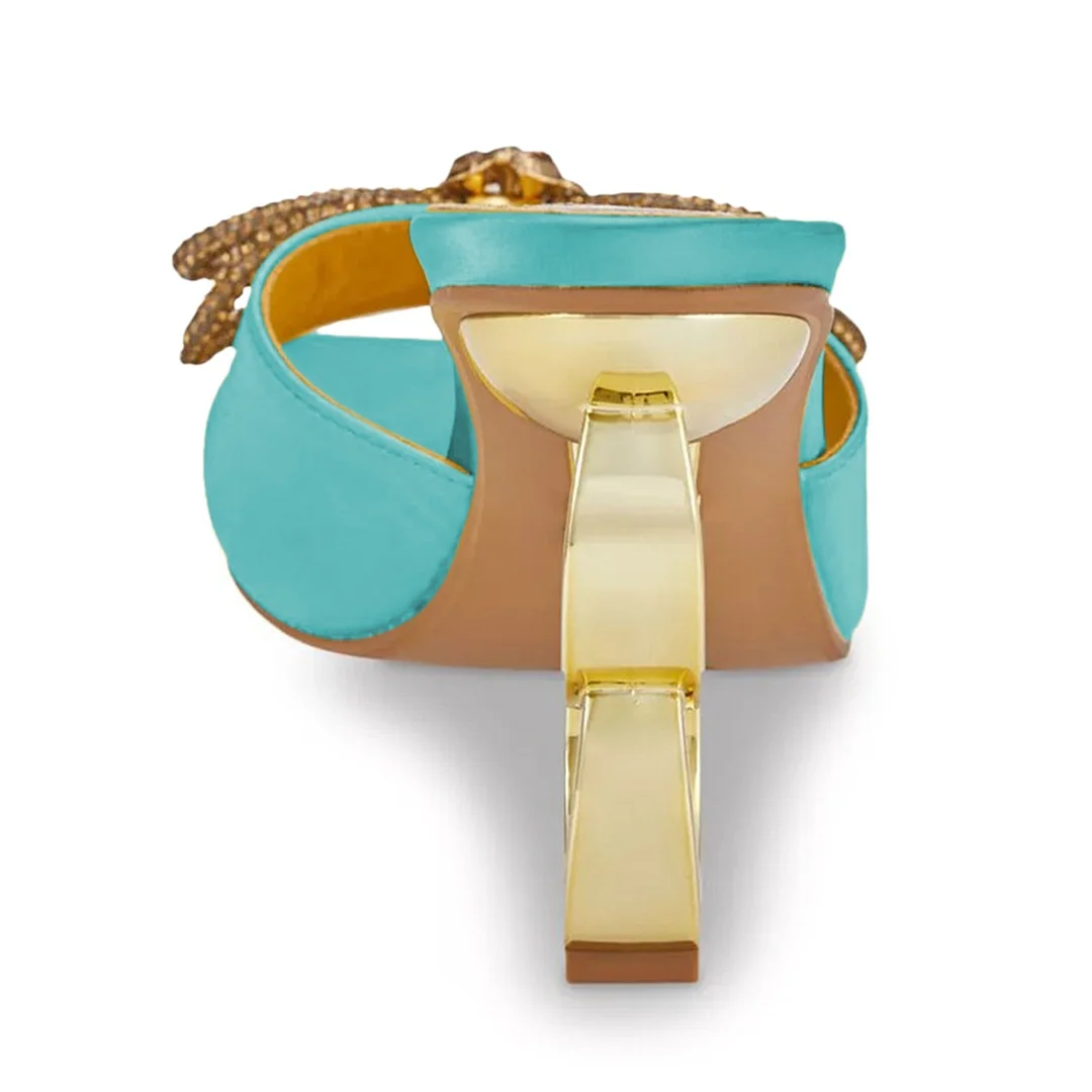 Turquoise Square Toe Heeled Rhinestone Bow Wide Strap Summer Sandals