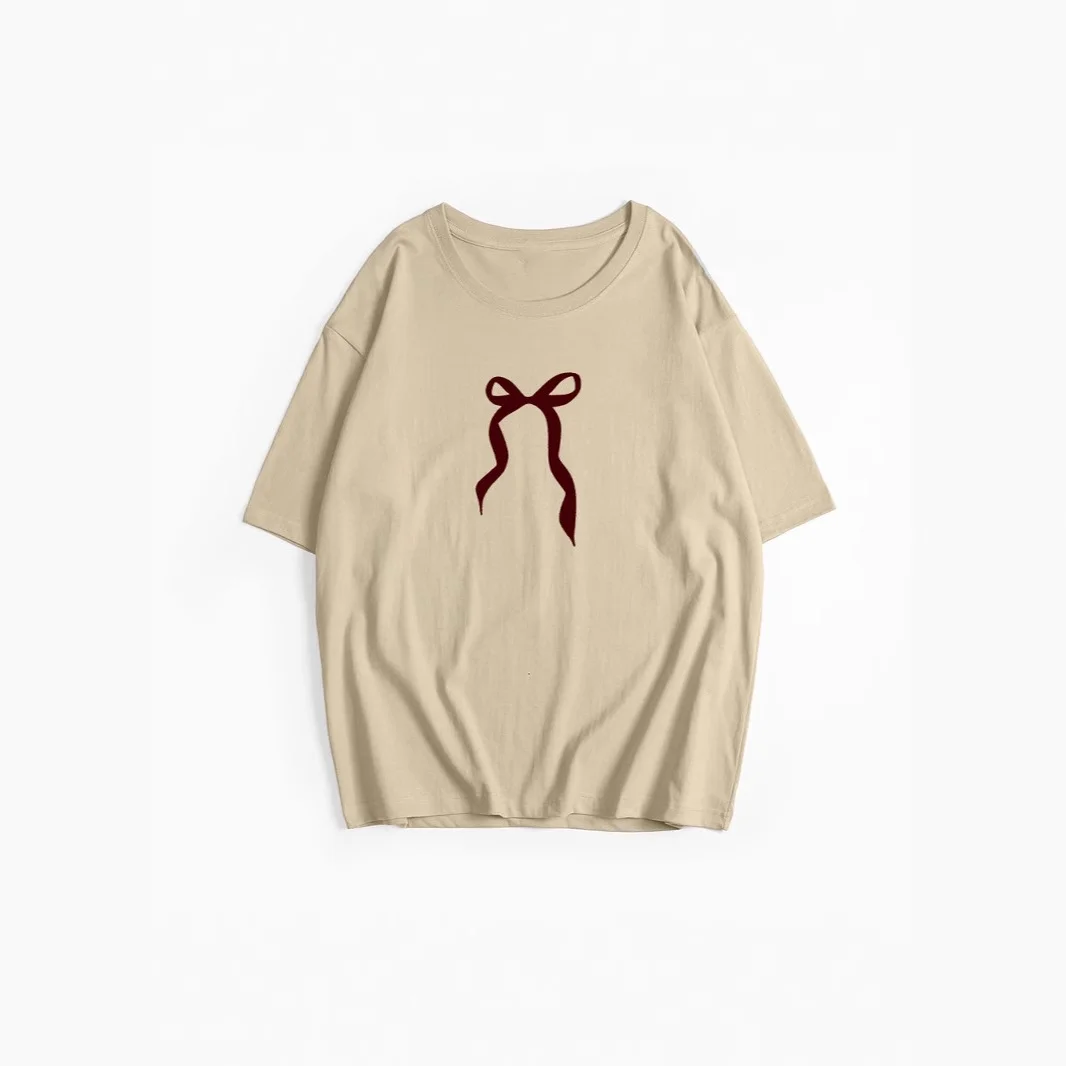 Athvotar Athvotar Sale Of Retro Simple Bow Print T-Shirts For Girls In Summer Loose Round-Neck Pure Cotton Short Sleeves