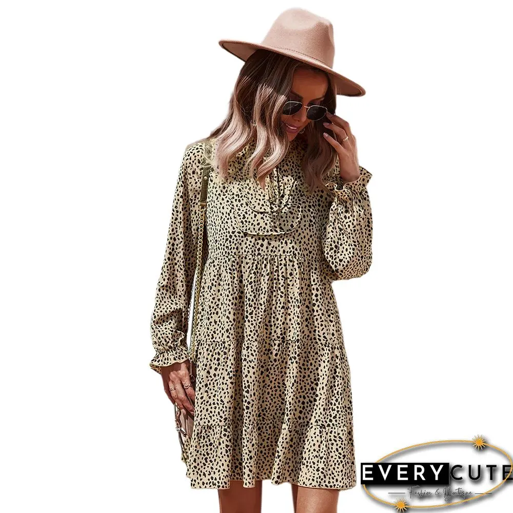 Khaki Spots Print Lace-up Long Sleeve Dress