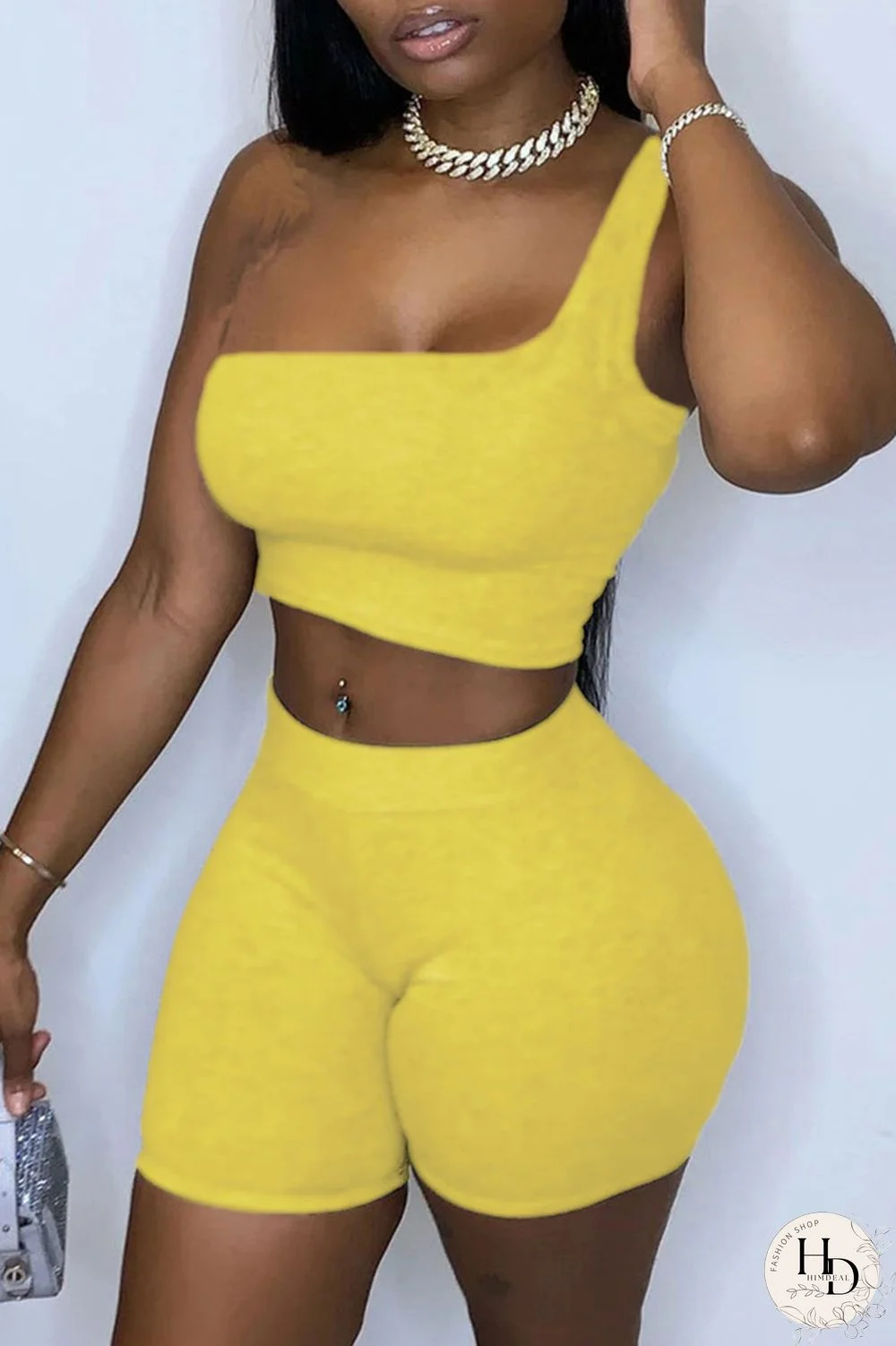 Yellow Sportswear Solid Split Joint One Shoulder Sleeveless Two Pieces