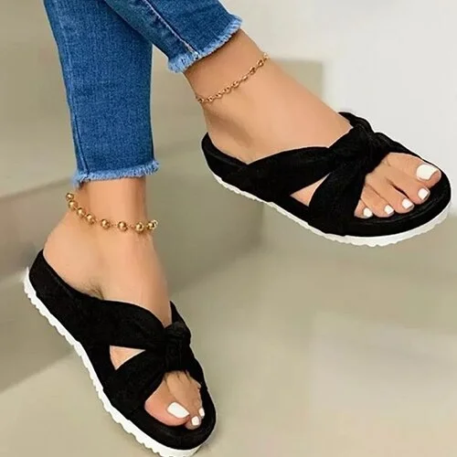 2021 Women Flock Knot Slippers Female Casual Open Toe Slides Ladies Summer Platform Flat Women's Comfortable Shoes Plus Size