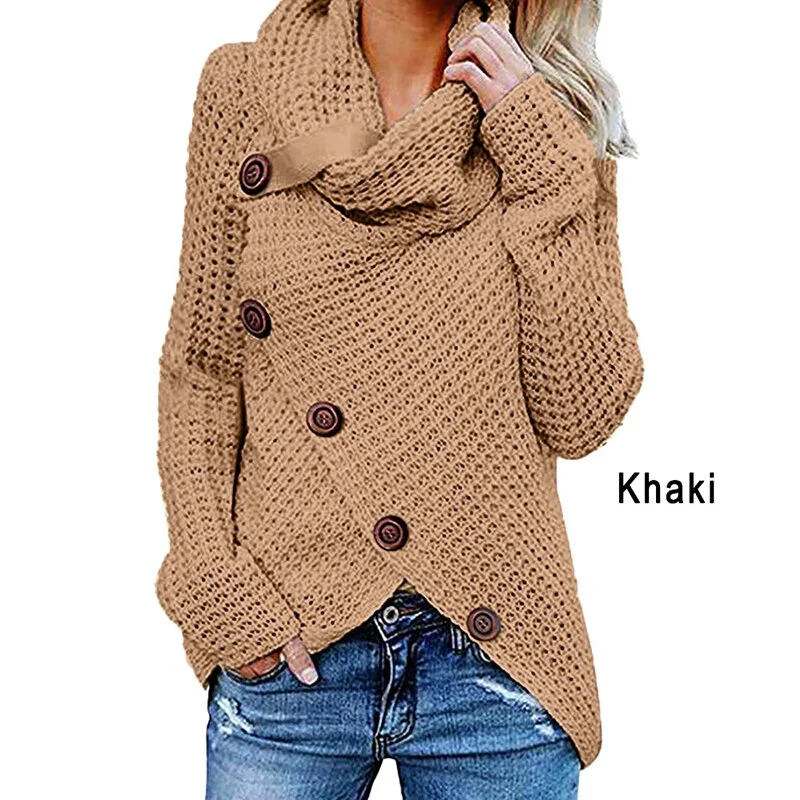 Turtleneck  Solid Knited Sweaters Women Autumn Irregular Hem Buttons  Knitted Pullover Female Korean  Plus Size Jumper Sweaters