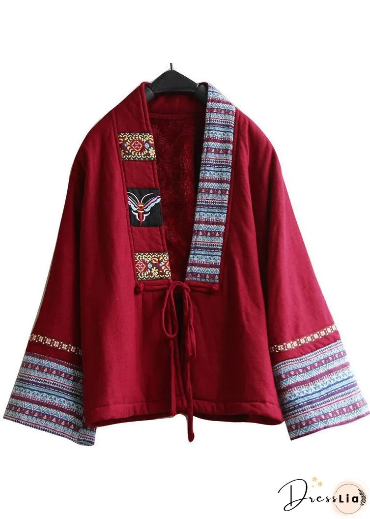 Handmade Red V Neck Embroideried Lace Up Warm Fleece Jacket Winter