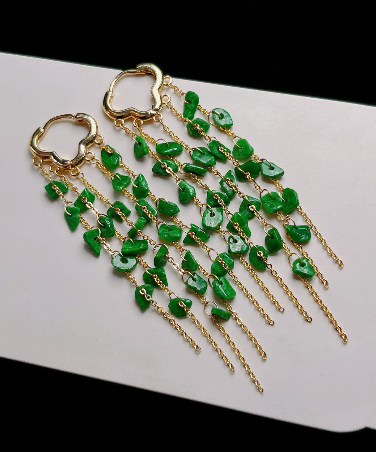 VCSHOES Green Sterling Silver 14K Gold Jade Tassel Drop Earrings
