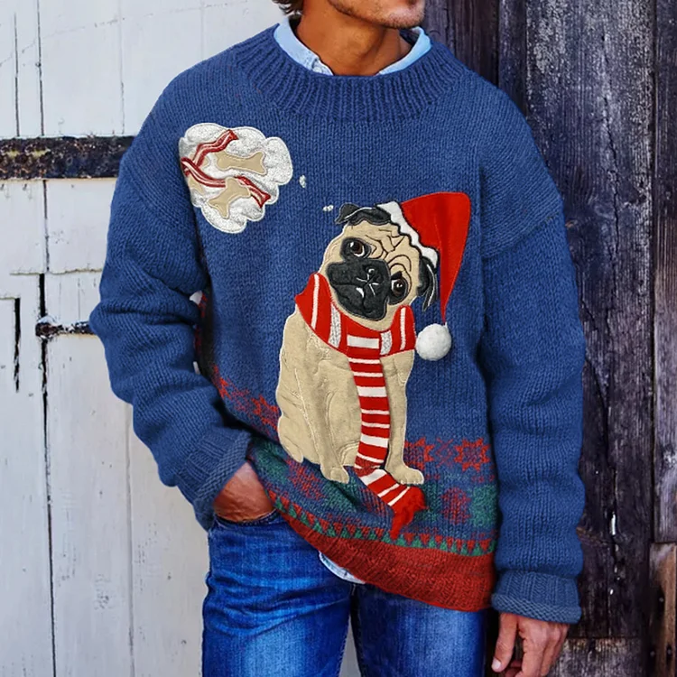 Men's Christmas Pug Puppy Applique Embroidery Graphics Crew Neck Cozy Sweater