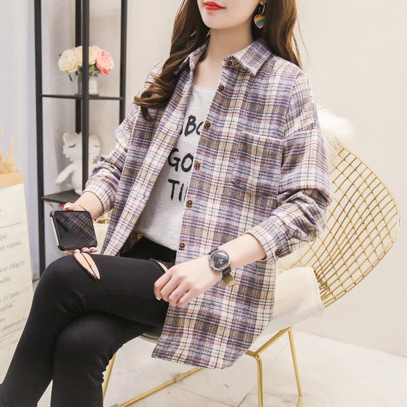 Autumn Winter Plaid Shirts Women Loose Blouses Woolen Lady Tops Female Clothes Outwear