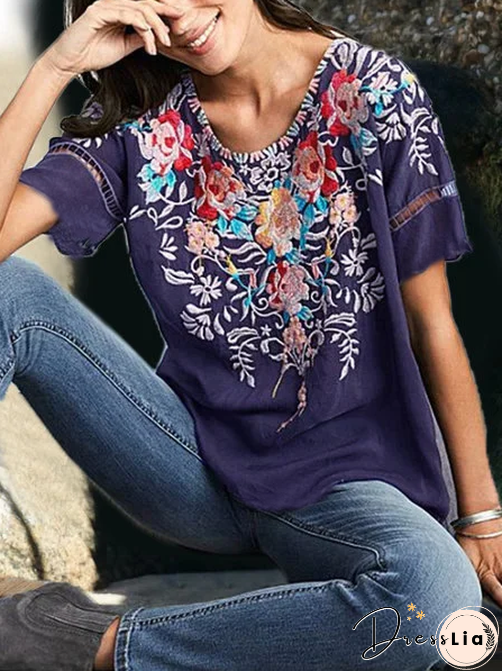 Round Neck Floral Casual Short Sleeve Summer T-shirt