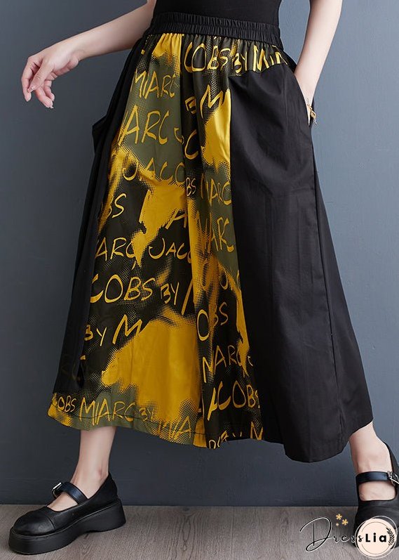 Plus Size Yellow Pockets Elastic Waist Cotton Crop Wide Leg Pants Summer