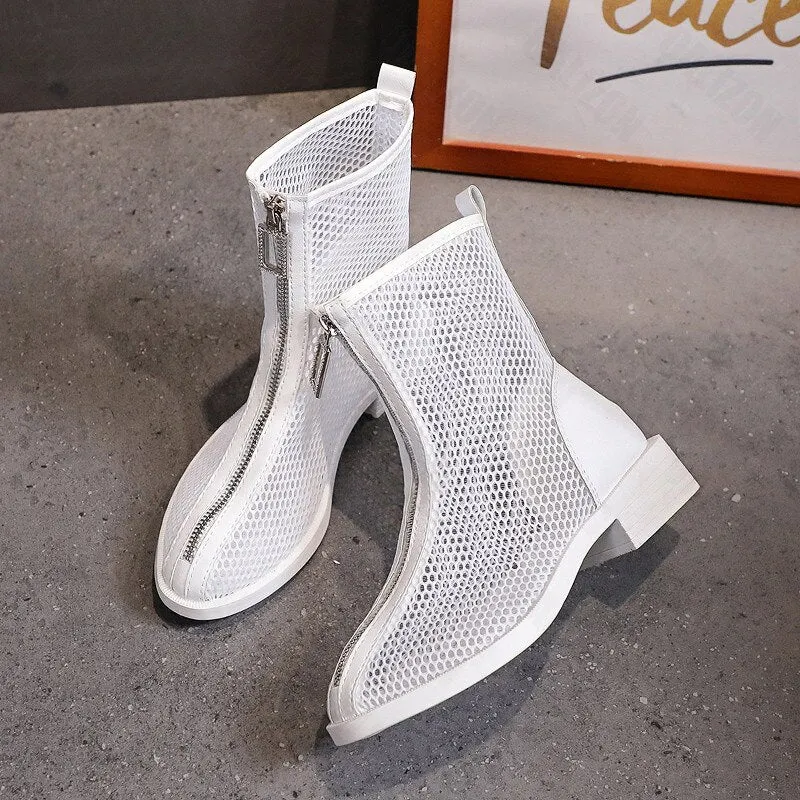 Vintage Women Gladiator Sandals Boots Casual High Heels Paltfrom Shoes Summer Women Mesh Air Hollow Zipper Sandal Boots Shoes