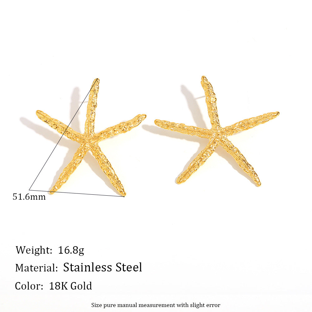 Ins Style Exaggerated Ocean Style Earrings Stainless Steel 18K Gold Plated Hammered Starfish Earrings