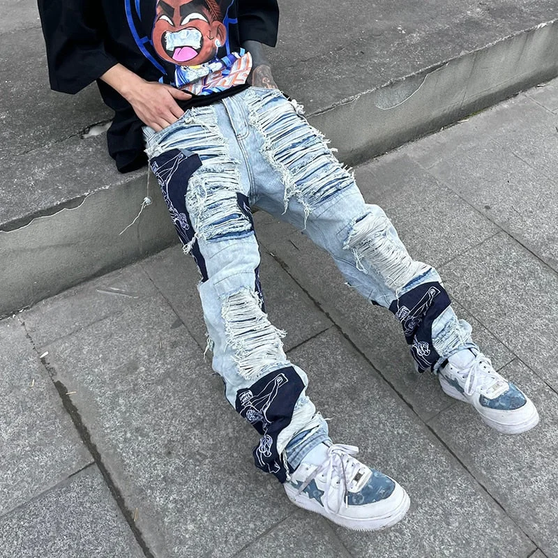 High Street Hole Fringe Embroidery Jeans Pants Mens Color Block Tassel Ripped Retri Denim Trousers Oversize Baggy Jean Pants
