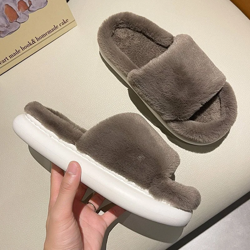 Winter Women&#39;s Slippers Thick-bottomed Fur Furry Slippers for Home Soft Platform Shoes 2022 Indoor House Warm Cotton Slippers