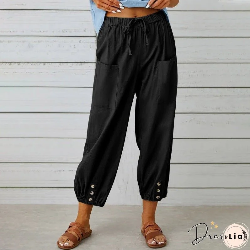 Women's High Waist Button Cotton Linen Trousers Pants